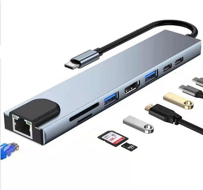 USB C Hub Docking Station 8-in-1, 4K@60Hz HDTV, Ethernet, 100W Power Supply, SD/TF Card Reader, 2 USB Ports