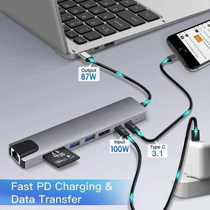 USB C Hub Docking Station 8-in-1, 4K@60Hz HDTV, Ethernet, 100W Power Supply, SD/TF Card Reader, 2 USB Ports