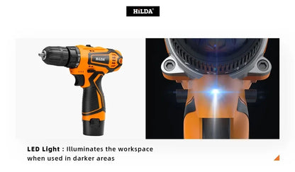 HILDA 12V 16.8V 21V Cordless Drill Electric Screwdriver Mini Wireless Power Driver DC Lithium-Ion Battery Power Tools