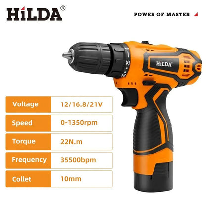 HILDA 12V 16.8V 21V Cordless Drill Electric Screwdriver Mini Wireless Power Driver DC Lithium-Ion Battery Power Tools